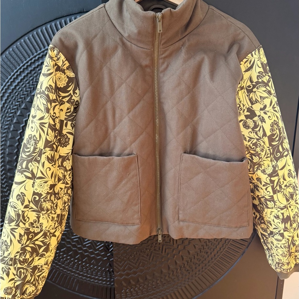 Noisy may Brown Quilted Bomber Jacket with Yellow Patterned Sleeves